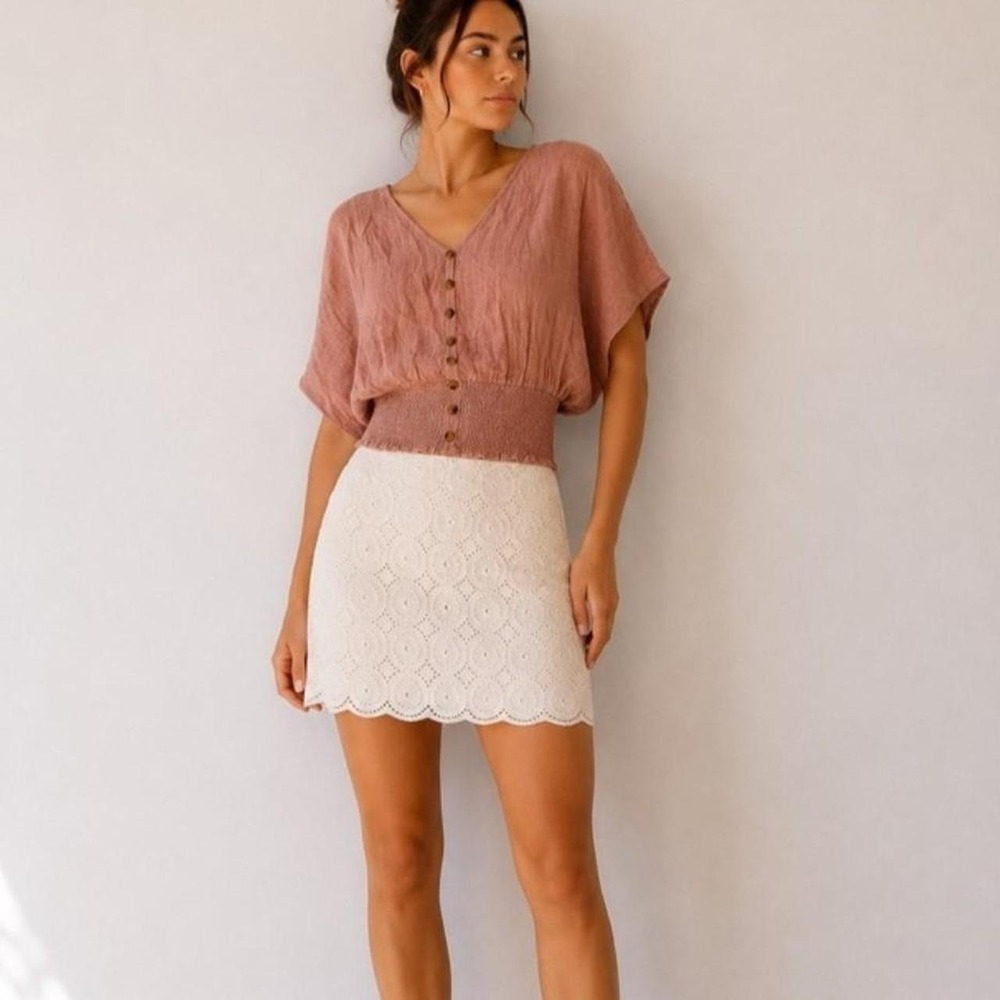 Planet Gold & LOFT 2pc Set Womens M/6 Mauve Smocked Top White Eyelet Mini Skirt